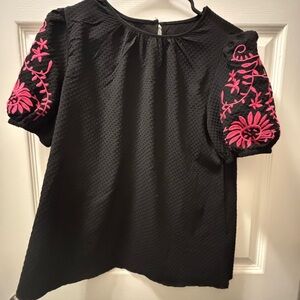 SHEIN Black Blouse with Pink Embroidery